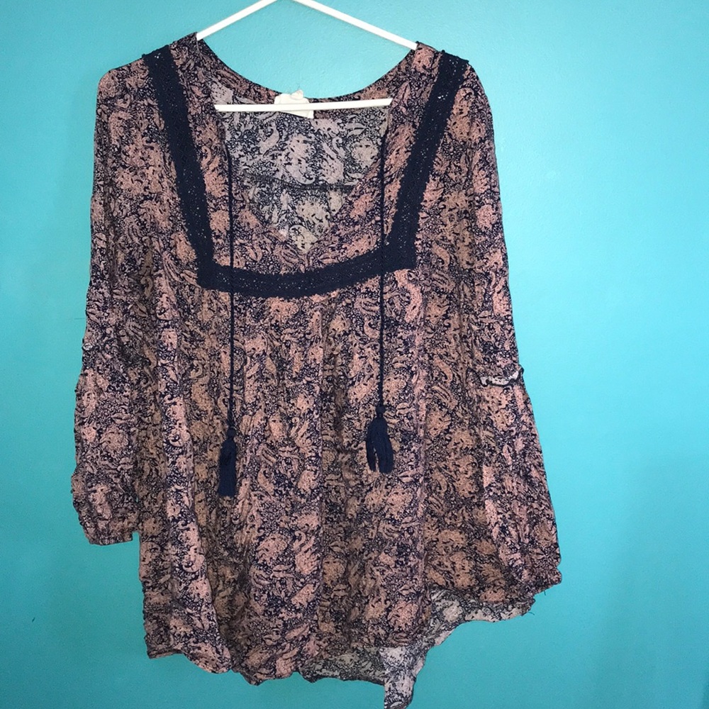 Pink and Navy Print peasant top.